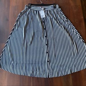 H&M Navy Blue and White Striped Button Down Midi Skirt, Size 10
